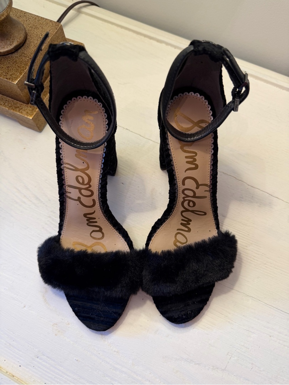 Sam Edelman Black Faux Fur Strap Block Heel Sandals